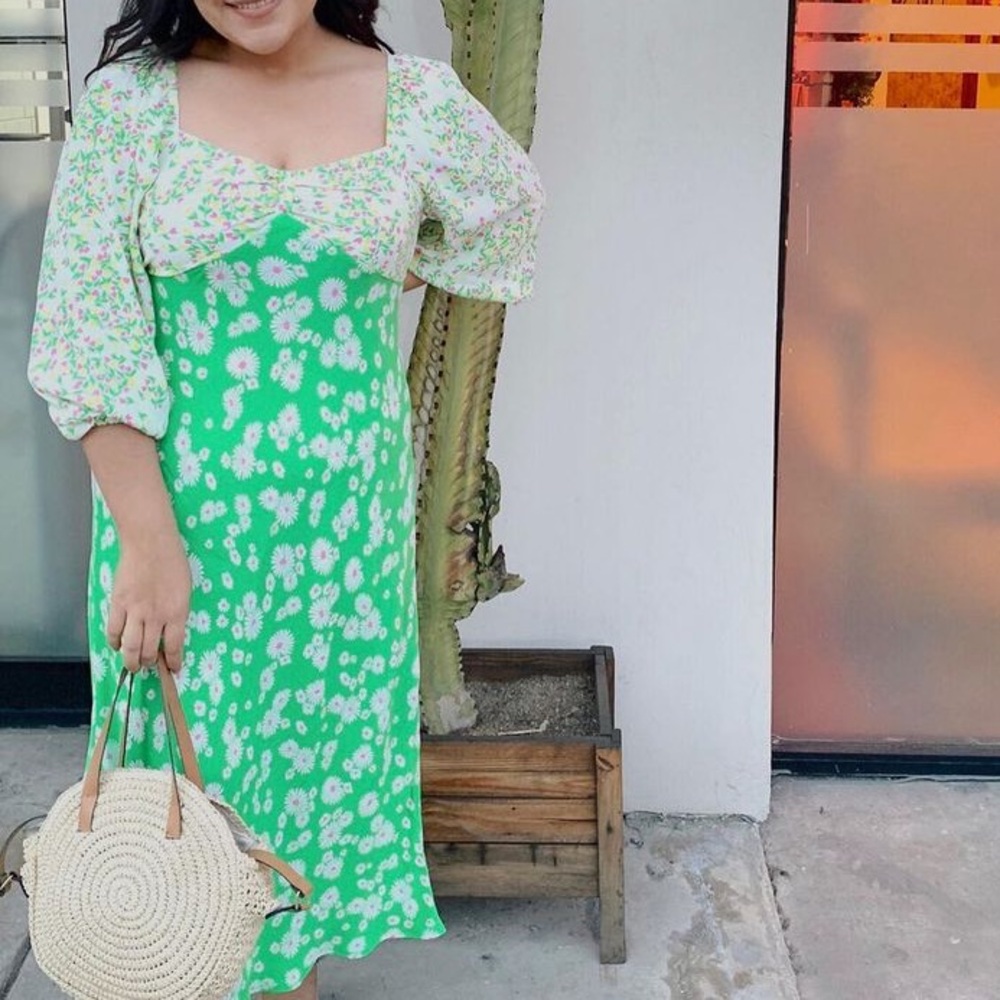 RIXO Daisy Long Puff Sleeve Swing Women’s Green Floral Maxi Dress Plus Size 16 - Picture 11 of 15